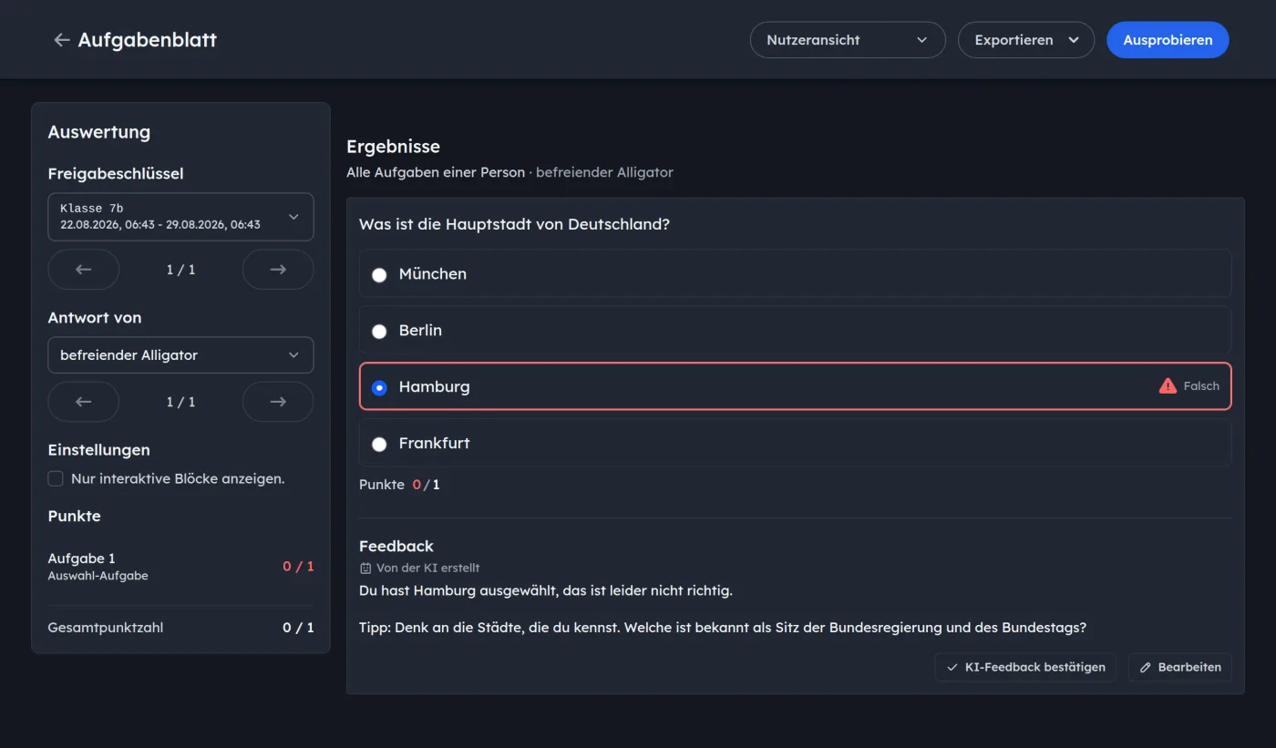 Auswertungsansicht eines Arbeitsblatts