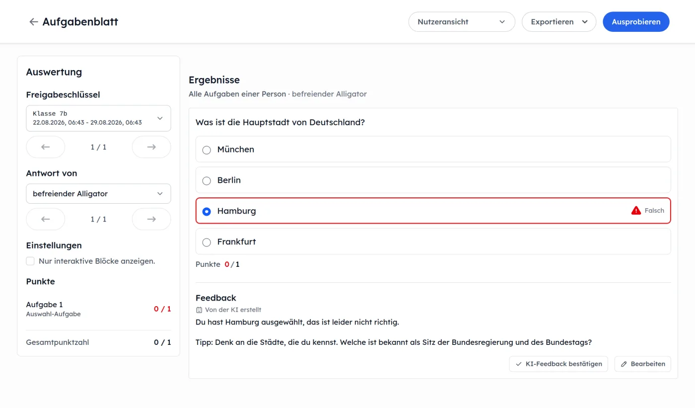 Auswertungsansicht eines Arbeitsblatts